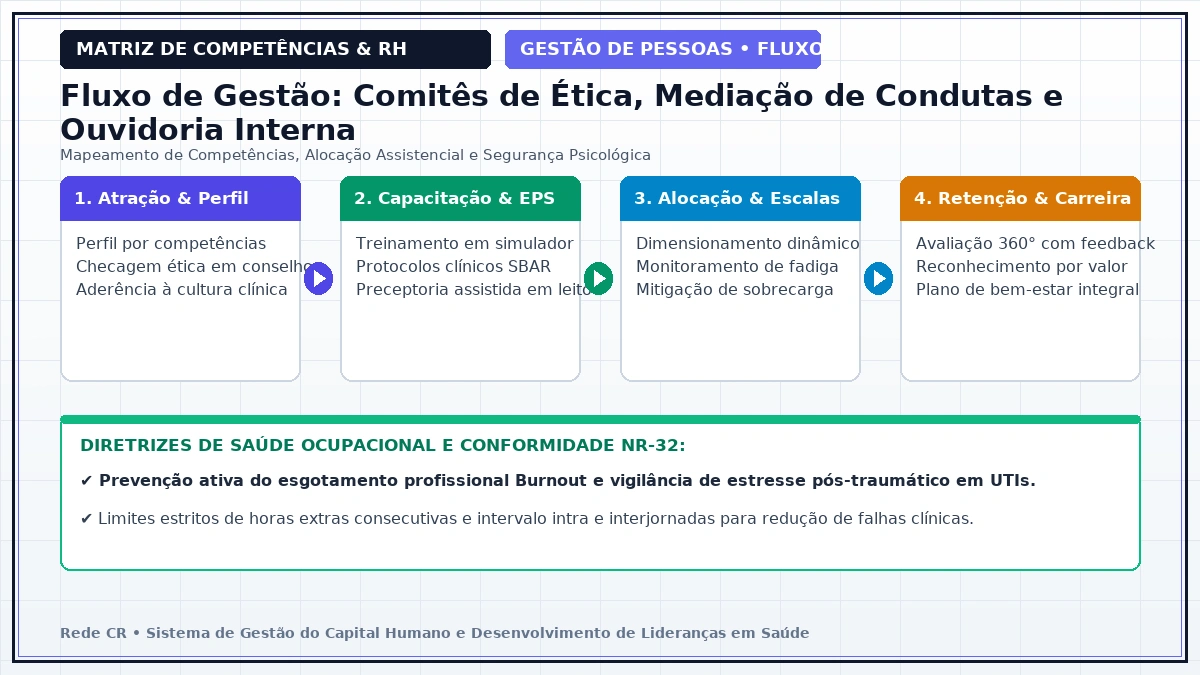 Diagrama de Engenharia de Processos de Pessoas e Matriz de Competências Clínicas - Gestão de Escalas Médicas, Plantões e Mitigação da Fadiga Operacional