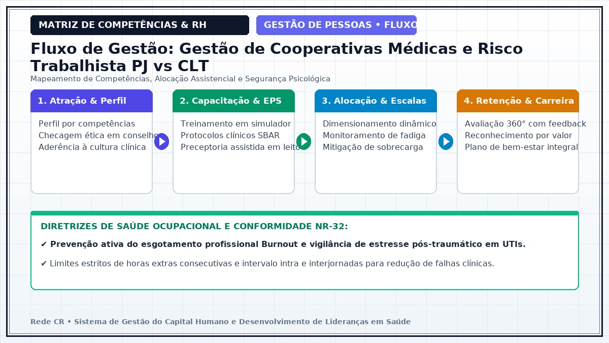 Diagrama de Engenharia de Processos de Pessoas e Matriz de Competências Clínicas - Recrutamento por Competências e Integração Clínica (Onboarding)